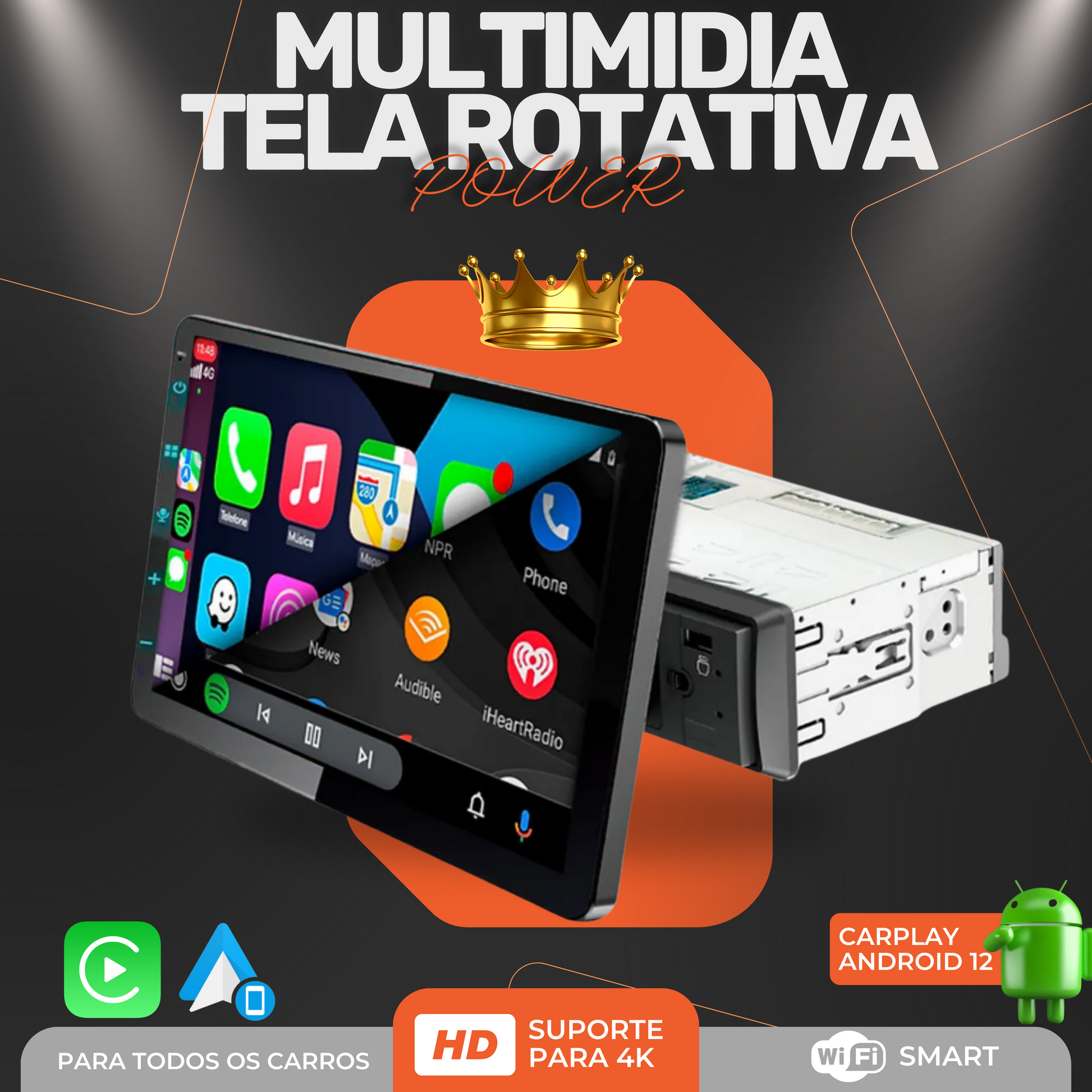 Central Multimídia Universal | Tela Rotativa e Flutuante Carplay Android 12 WIFI TOUCH 1DIN (PARA QUALQUER CARRO) + CÂMERA DE RÉ