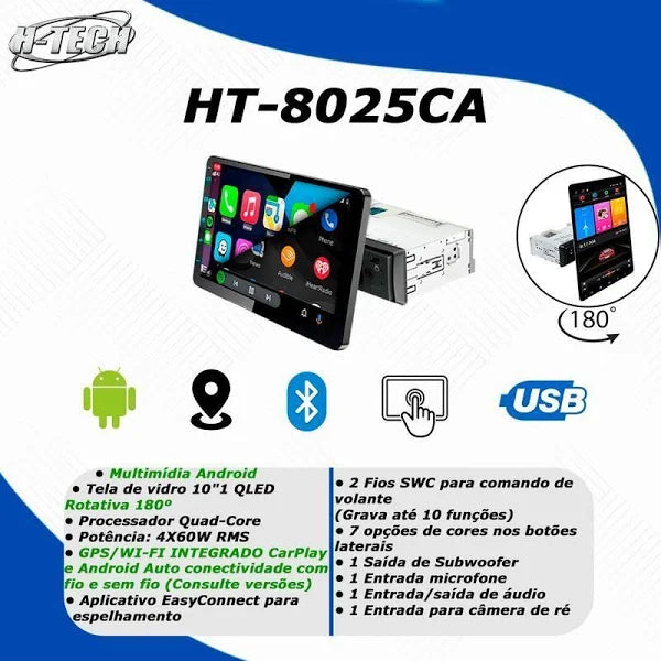 Central Multimídia Universal | Tela Rotativa e Flutuante Carplay Android 12 WIFI TOUCH 1DIN (PARA QUALQUER CARRO) + CÂMERA DE RÉ